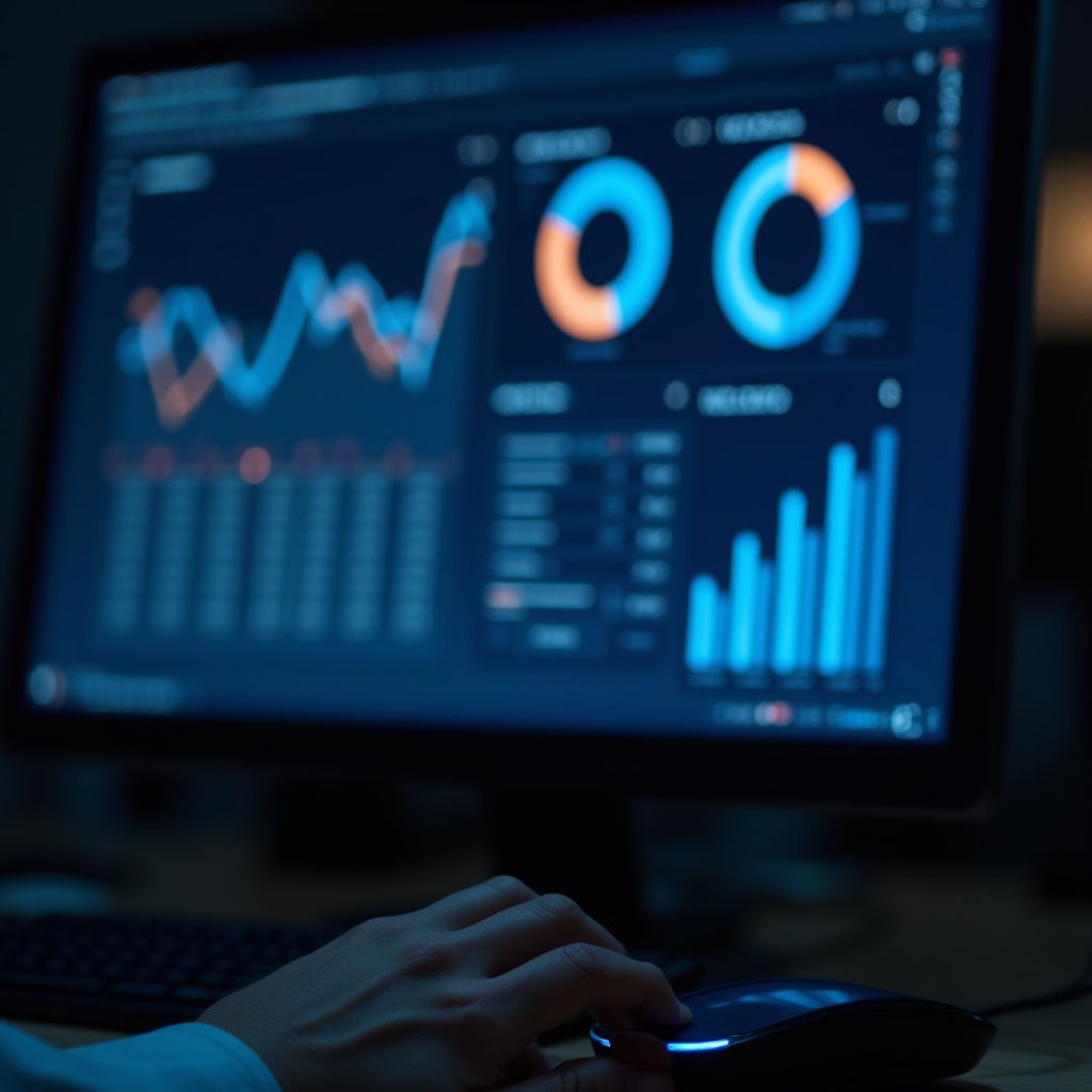 Nahaufnahme eines Bildschirms mit Datenanalyse-Diagrammen und Kennzahlen