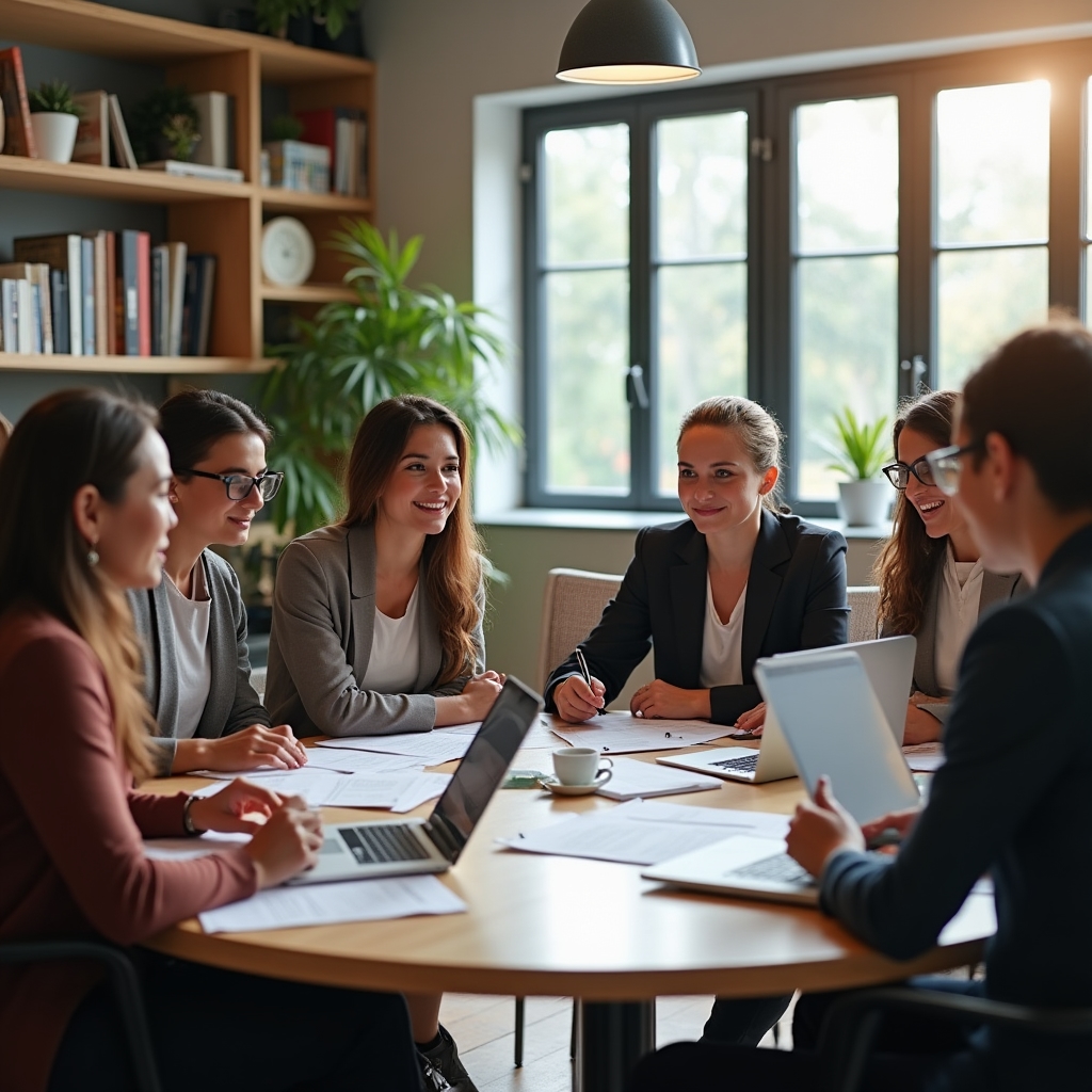 Team von Bildungsexperten arbeitet gemeinsam an Lerninhalten in einem modernen Büro