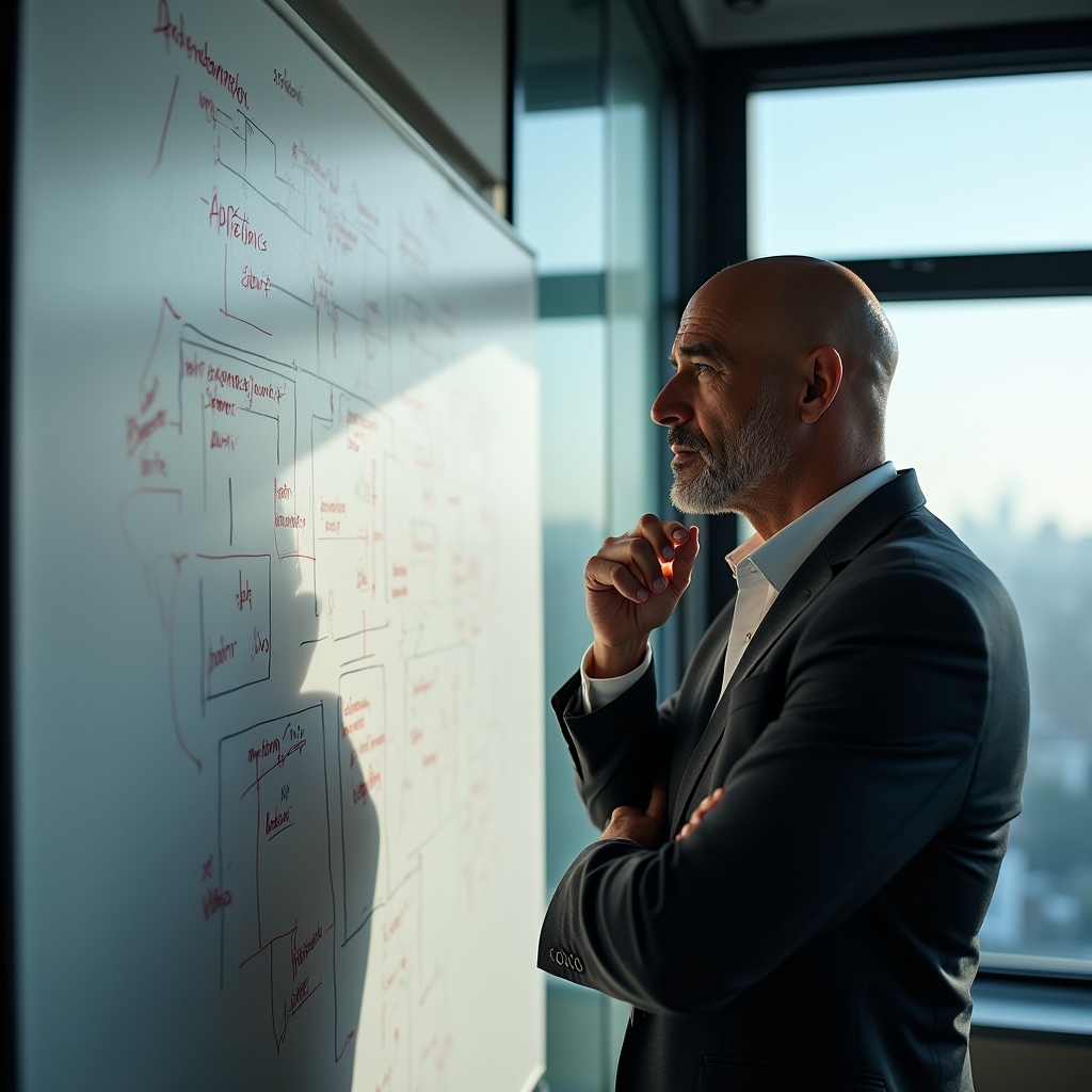 Nachdenklicher Manager mit Blick auf Whiteboard mit Prozessdiagramm