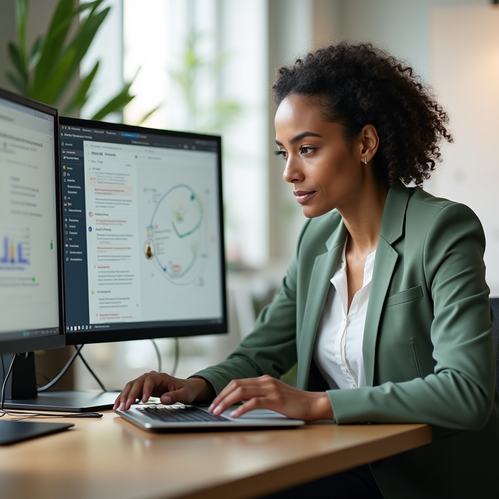 Mitarbeiterin richtet einen automatisierten Workflow auf einem Laptop ein